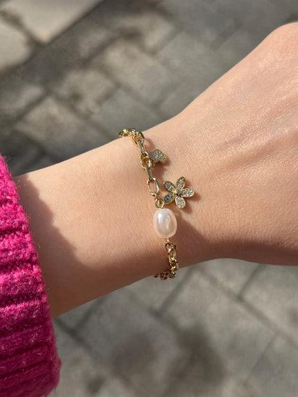 VIP Kalp ve Çiçek Charmlı İncili Zincir Bileklik 16 + 4 cm