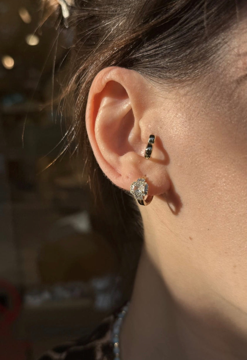 VIP Yatay Baget Taşlı Halka Küpe 14K