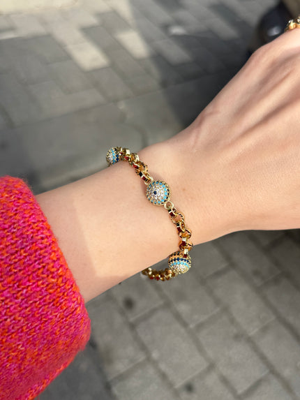 VIP 3 Gömme Taşlı Nazar Boncuk Toplu Zincir Bileklik 19 + 3 cm