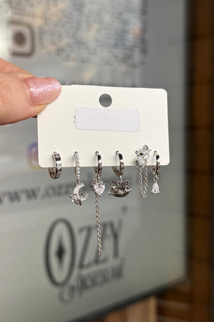 Kedi Model 6'lı Set Küpe Gümüş Renk