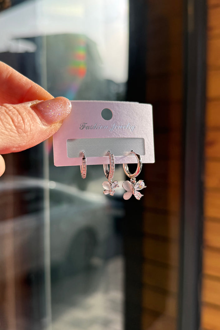 Sedefli Kelebek Model 3'lü Set Küpe Gümüş Renk