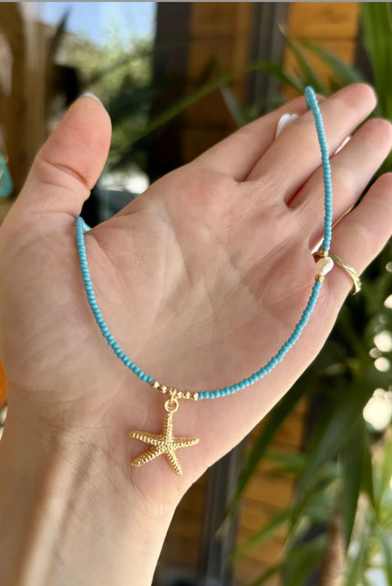 İnci Detay Deniz Yıldızı Uçlu Boncuk Kolye Mavi