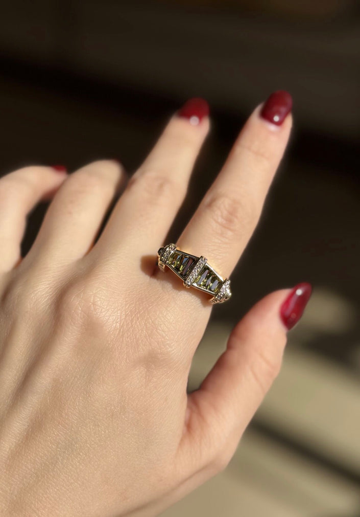 3 Kemerli Sıra Baget Taş Ayarlanabilir Yüzük Yeşil Taş