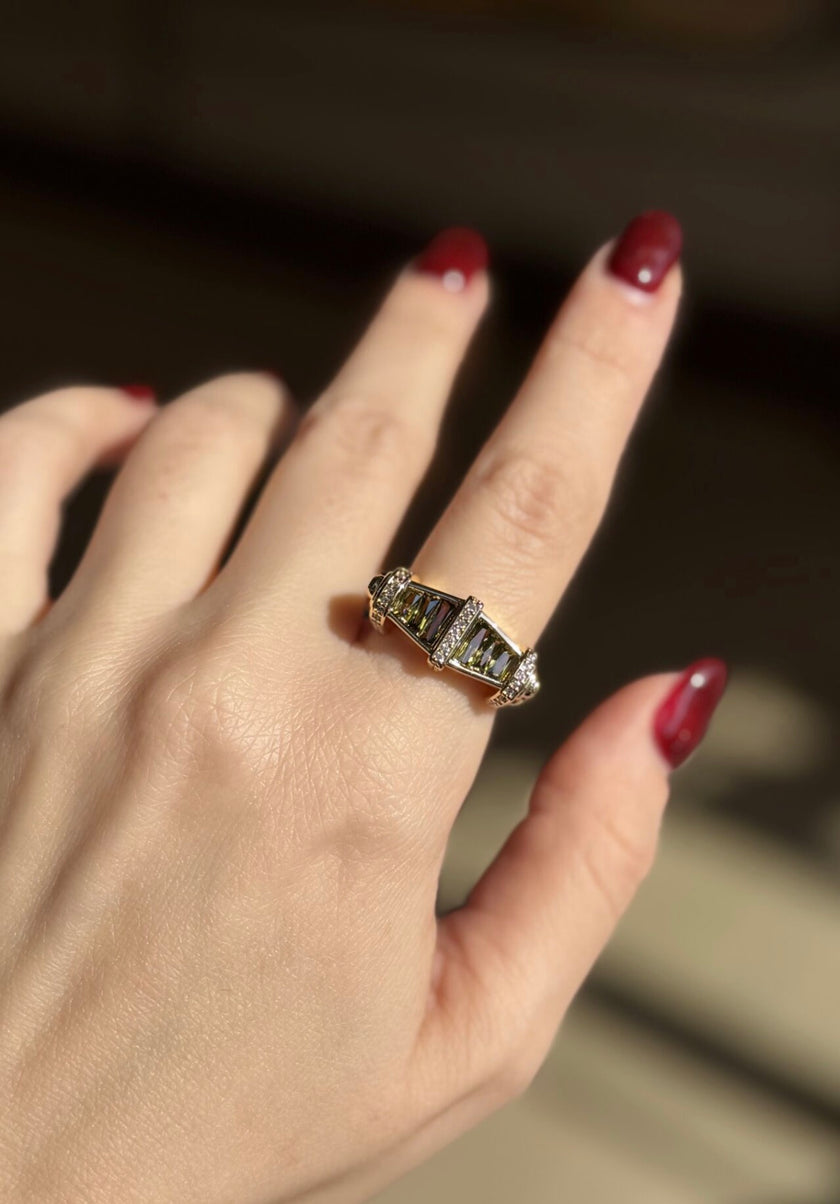 3 Kemerli Sıra Baget Taş Ayarlanabilir Yüzük Yeşil Taş