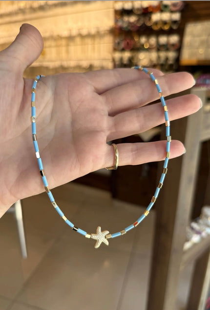 Deniz Yıldızlı Şerit Boncuk Kolye Açık Mavi