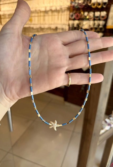 Deniz Yıldızlı Şerit Boncuk Kolye Mavi