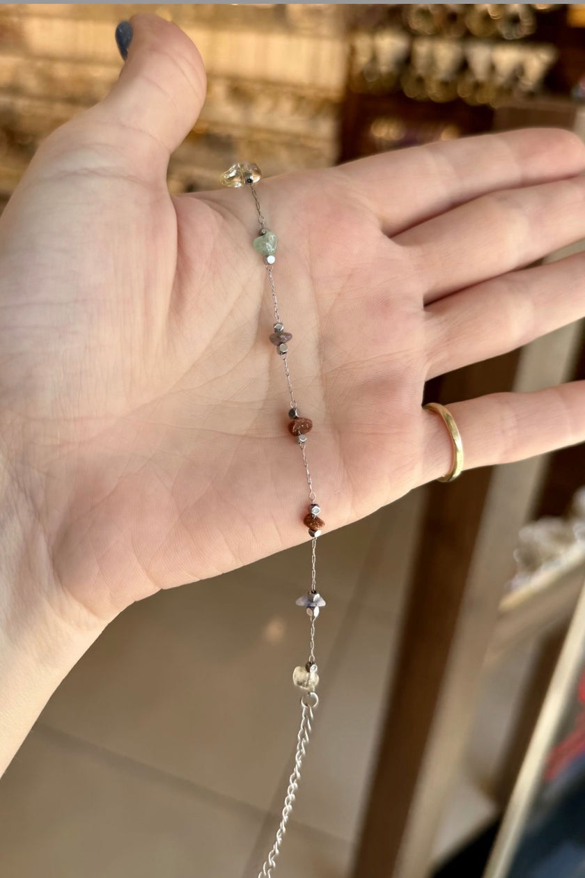 Mix Doğal Taşlı Çelik Zincir Bileklik Gümüş Renk