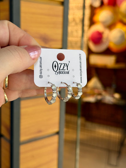 Sıra Kedi Gözü Sedef Taşlı 3'lü Set Küpe Gümüş Renk