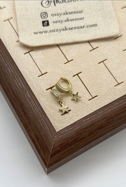 VIP Yıldız Sallantılı Çift Sıra Gömme Taş Detay Halka Küpe 14K