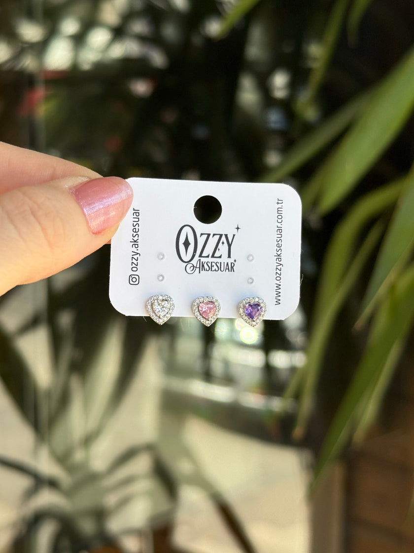 Renkli Zirkon Taşlı Kalp Model 3' lü Set Küpe Gümüş Renk