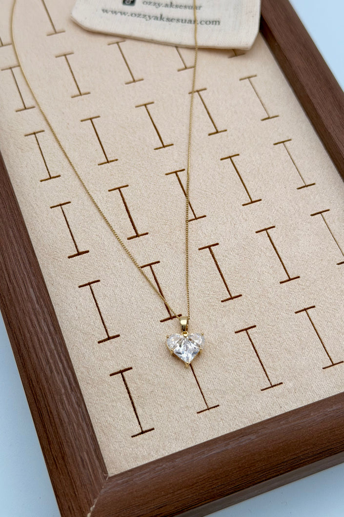 VIP 3 Parça Elmas Kesim Taşlı Kalp Kolye 45 cm