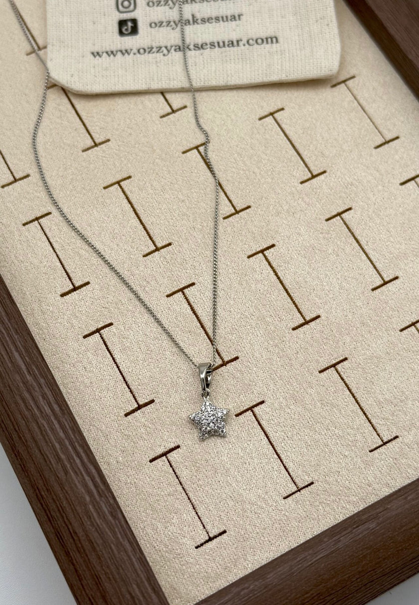 VIP Gömme Taşlı Yıldız Uç Kolye Gümüş Renk