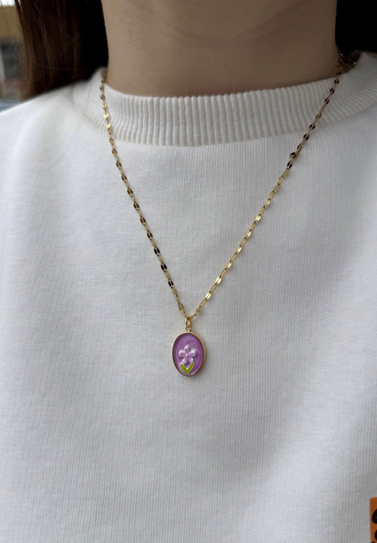 Lila Çiçekli Çelik Kolye 45 cm