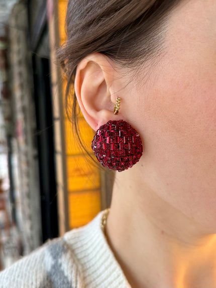 Taş İşlemeli Yuvarlak Küpe Bordo Taş