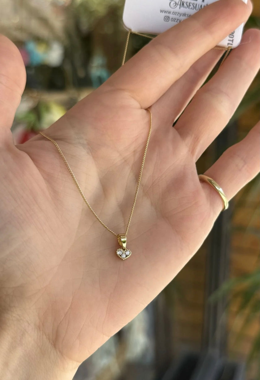 VIP 3 Gömme Taşlı Minimal Kalp Kolye 45 cm 14K