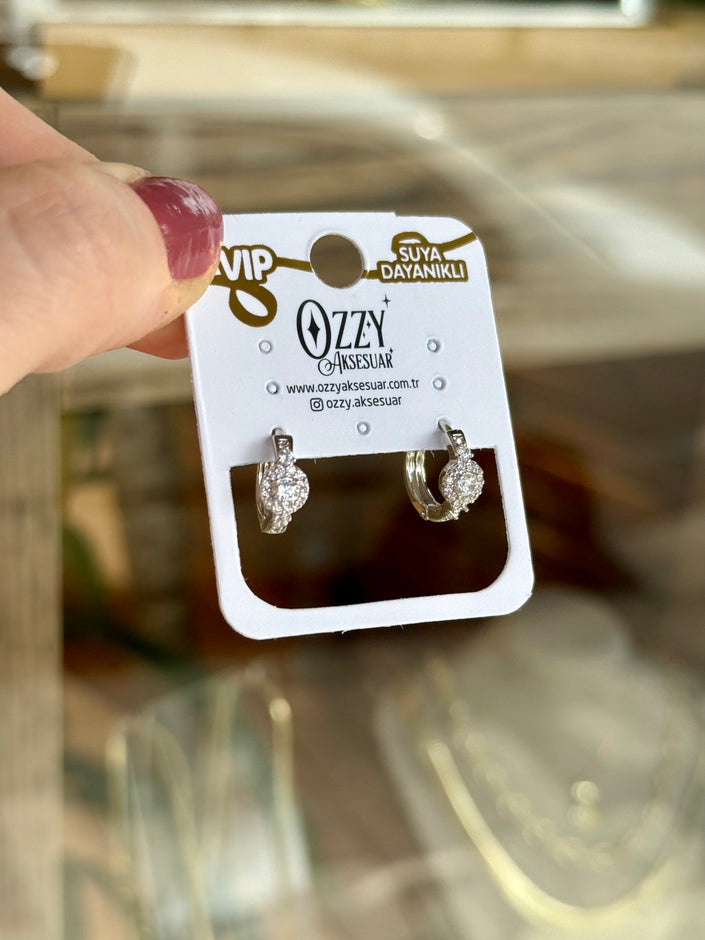 VIP Taş İşlemeli Coronet Halka Küpe Gümüş Renk