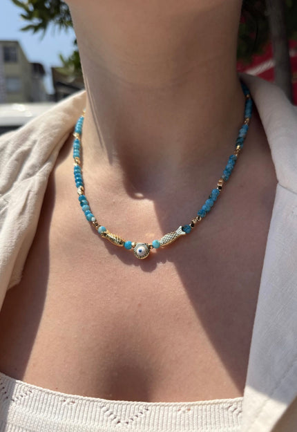 İstiridye ve Balık Detaylı Mavi Boncuk Kolye