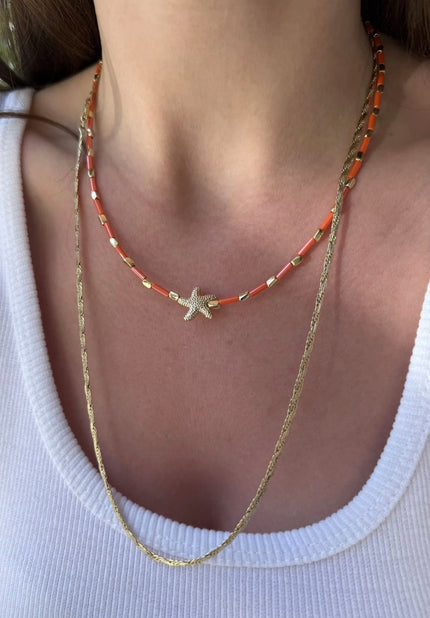 Deniz Yıldızlı Şerit Boncuk Kolye Turuncu