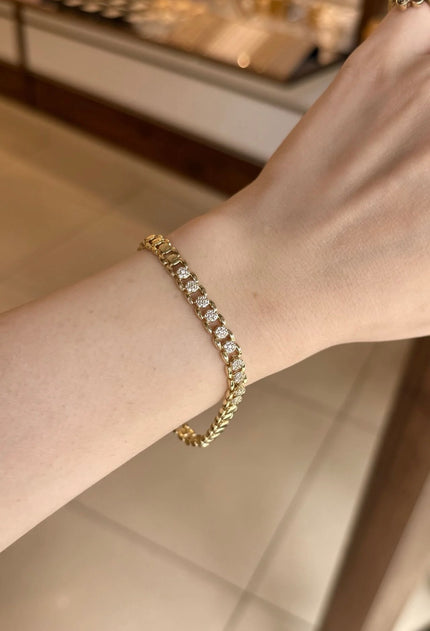 VIP Sıra Gömme Taşlı Çiçek Model Bileklik 17 + 3 cm 14K