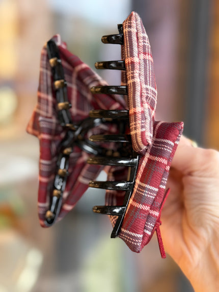 Düğme Detay Ekoseli Kumaş Üçgen Mandal Toka Bordo