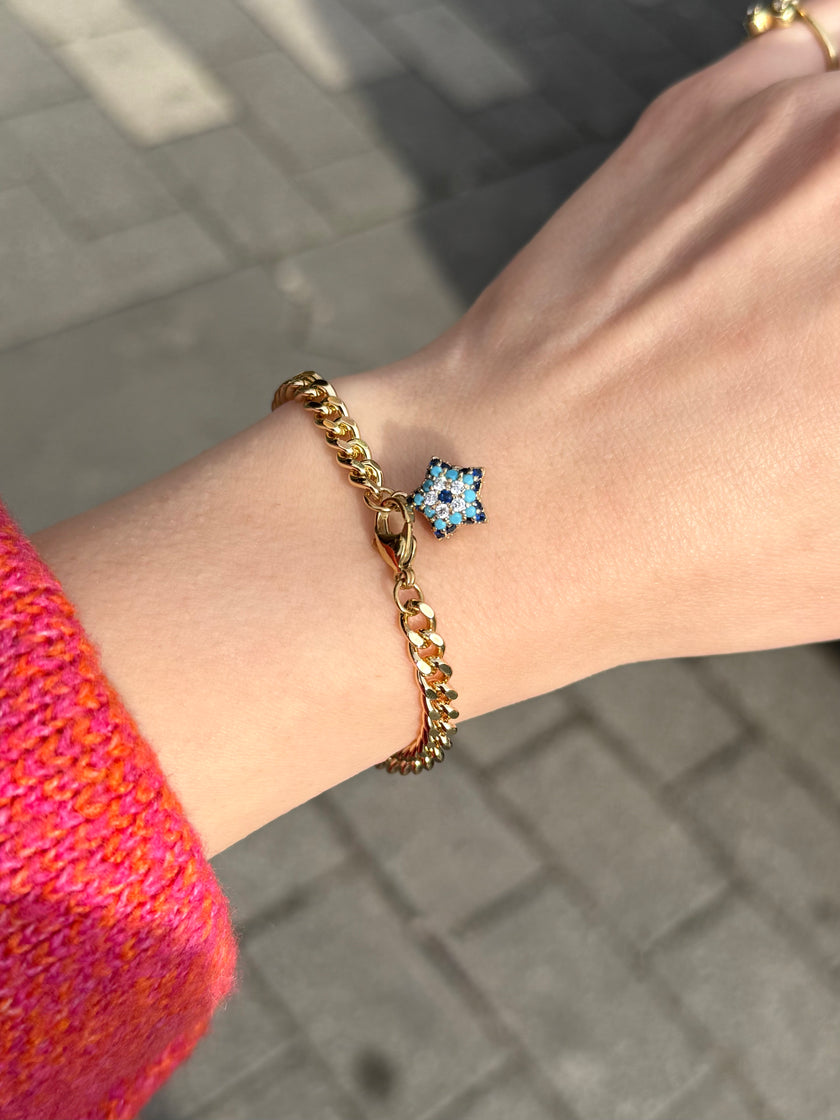 VIP Gömme Taşlı Nazar Boncuk Yıldız Sallantılı Ezme Zincir Bileklik 17 cm