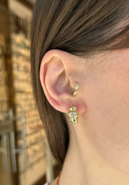 VIP OVal Gömme Taşlı Bombeli Halka Küpe 14K