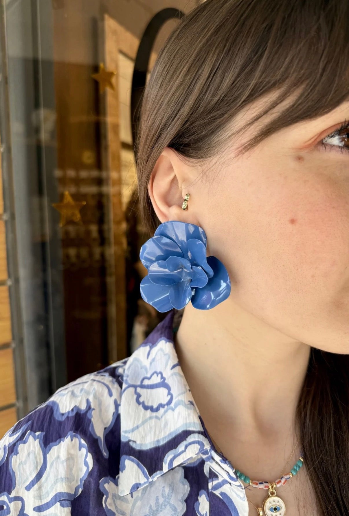 Marka Model Plaka Çiçek Küpe Saks Mavi