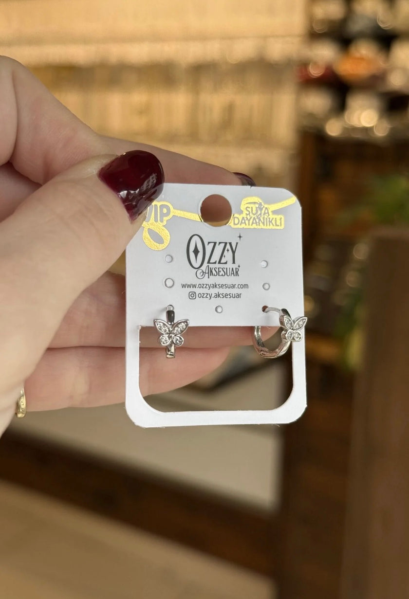 VIP Taş İşlemeli Kelebek Detay Halka Küpe Gümüş Renk