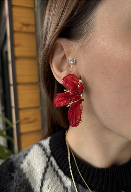 Kristal Detay Tüllü Çiçek Küpe Kırmızı