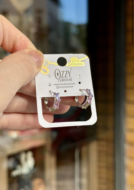 VIP 3 Soft Renk Baget Taşlı Halka Küpe Gümüş Renk