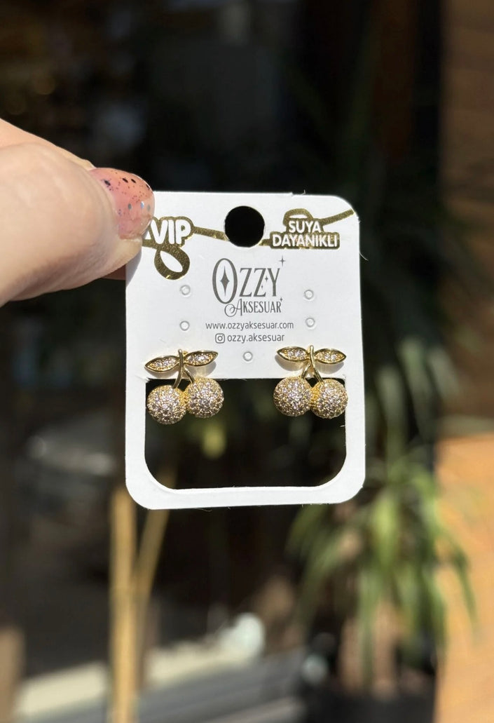 VIP Gömme Taşlı Kiraz Küpe Beyaz Taş 14K