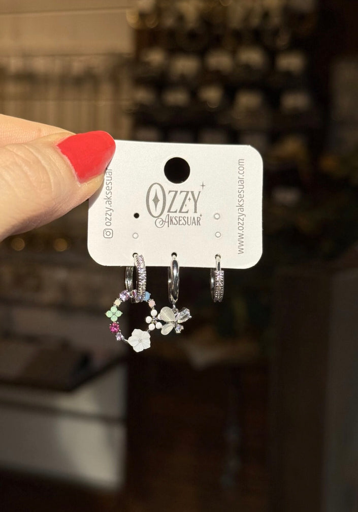 Sedefli Kelebek Detaylı 3'lü Set Küpe Gümüş Renk