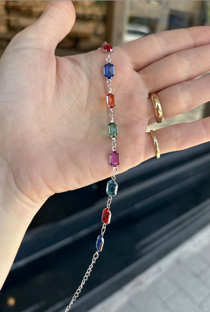Renkli Sıra Taşlı Çelik Bileklik Dikdörtgen Taş Gümüş Renk