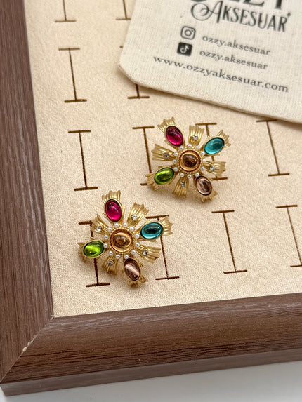 Renkli Oval Taş İşlemeli Vintage Küpe