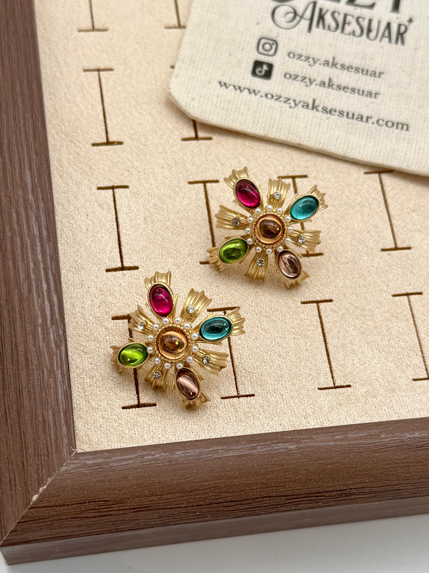 Renkli Oval Taş İşlemeli Vintage Küpe