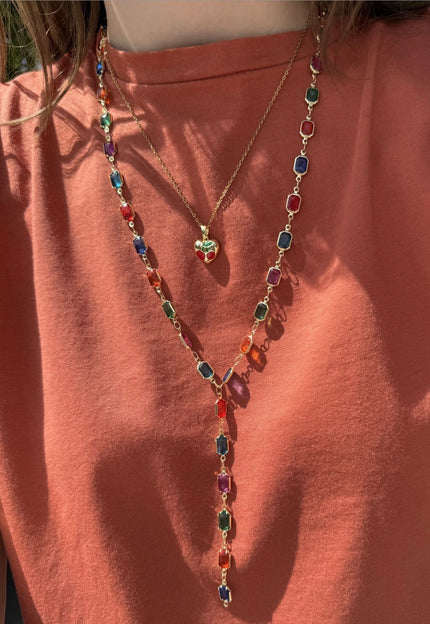 Sıra Renk Taşlı Uzun Çelik Y Kolye 60+5 cm Dikdörtgen Taş