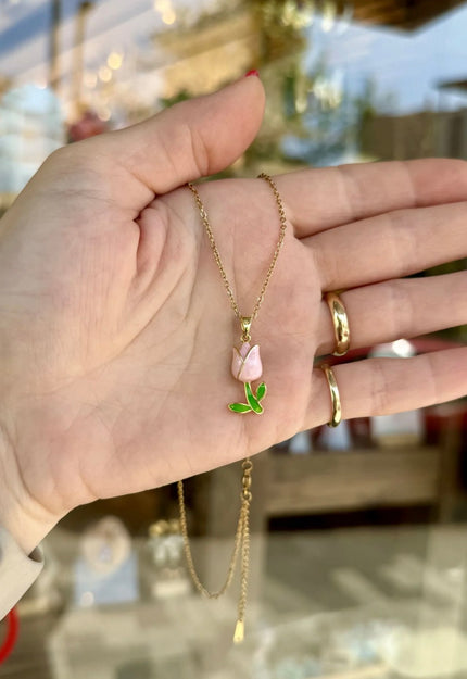 Mineli Lale Model Çelik Kolye 45 cm