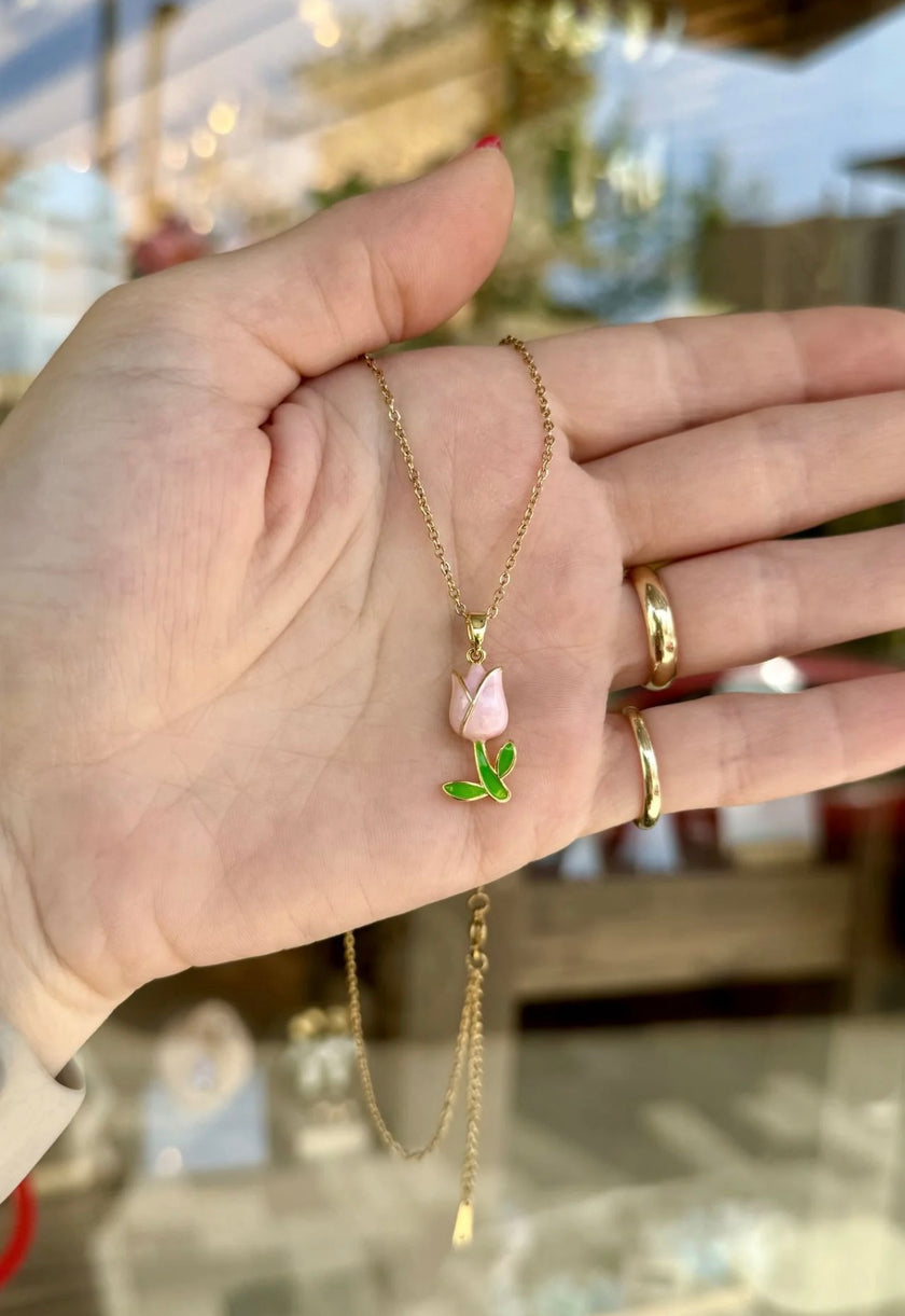 Mineli Lale Model Çelik Kolye 45 cm