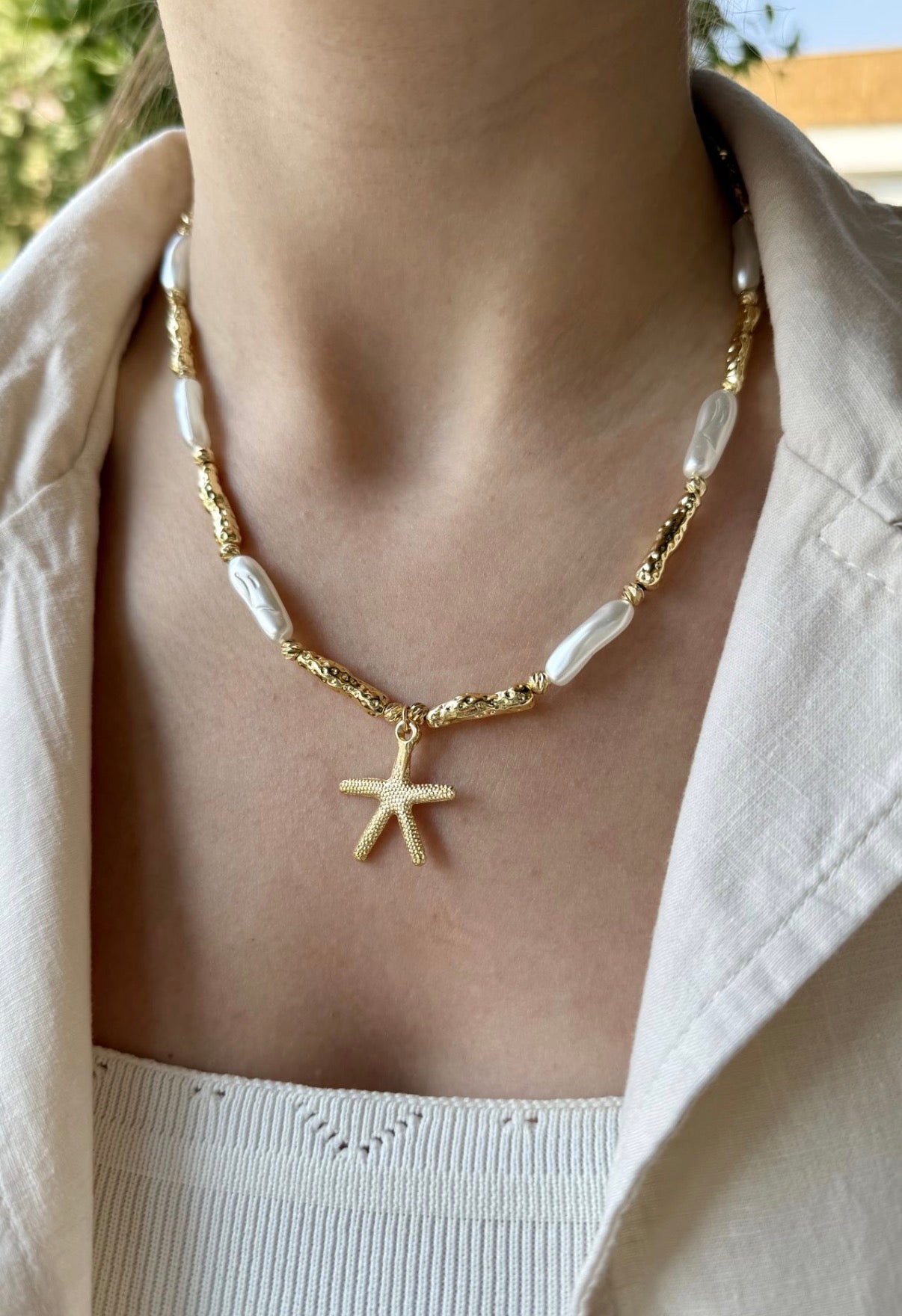 Deniz Yıldızı Uçlu İncili Şerit Boncuk Kolye