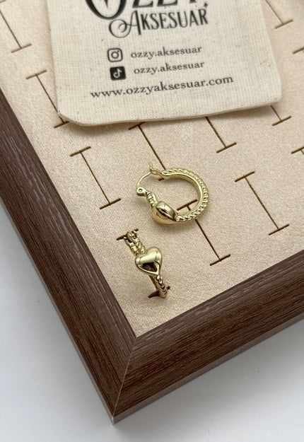 VIP Kalp Detay Burgulu Halka Küpe 14K