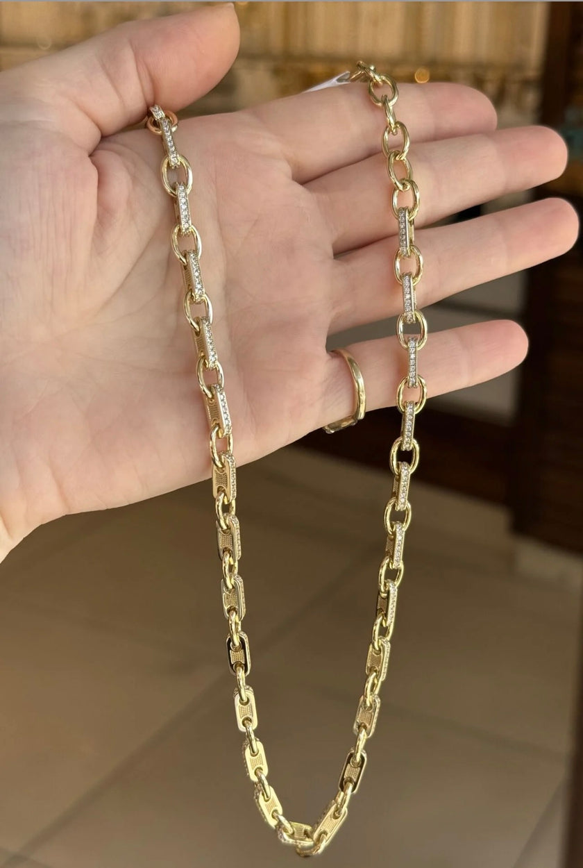 VIP Kemerleri Gömme Taşlı Oval Zincir Kolye 42 + 5 cm 14K