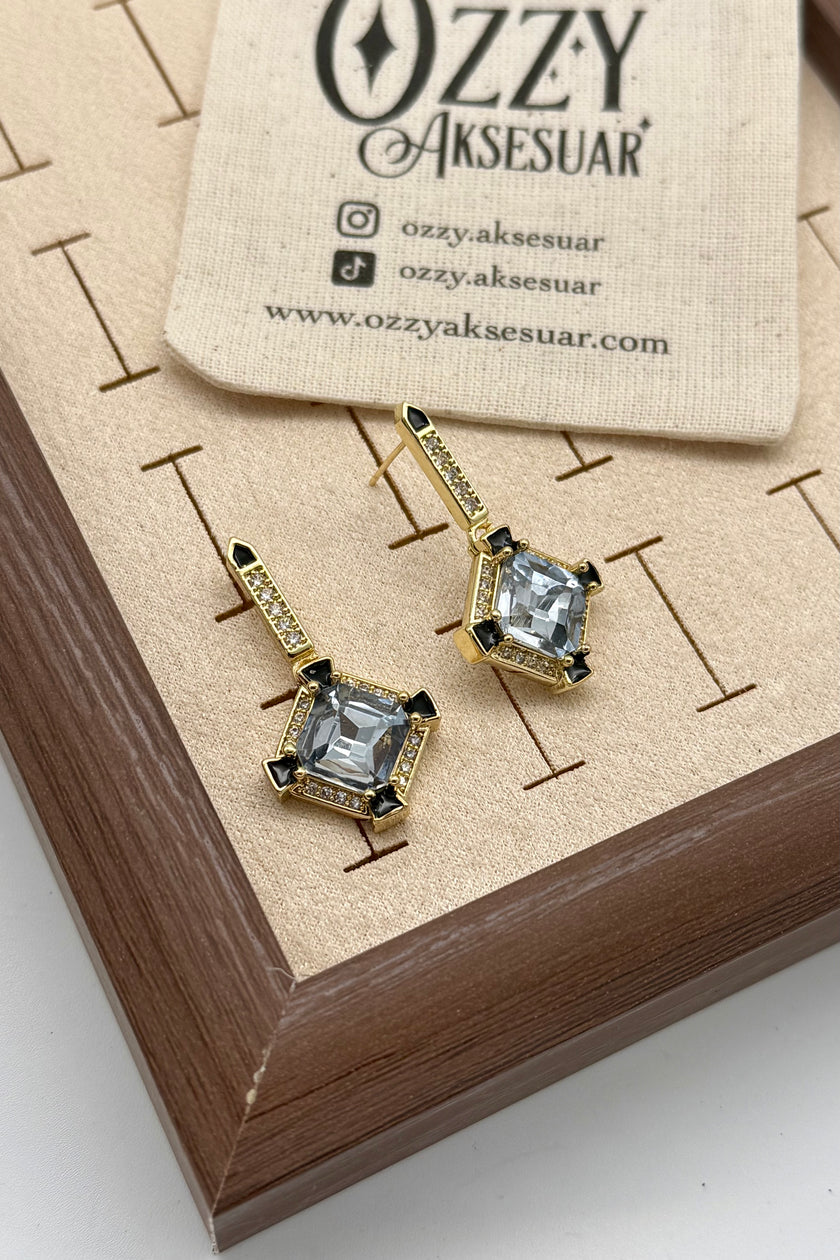 Elmas Kesim Antrasit Zirkon Taşlı Sallantılı Şık Küpe 14K