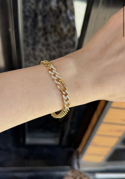 VIP Gömme Taş İşlemeli Oval Zincir Detay Bileklik 17 + 2 cm 14K