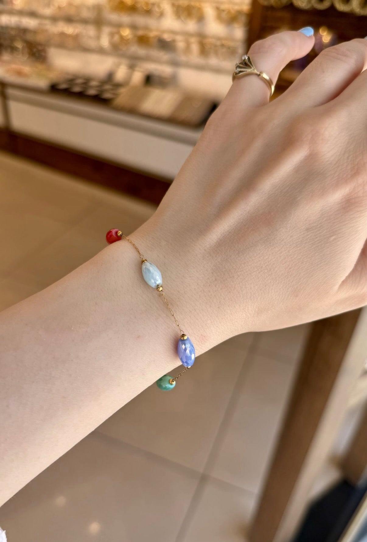 Çok Renkli Damla Kristal Boncuklıu Çelik Zincir Bileklik 17 + 3 cm