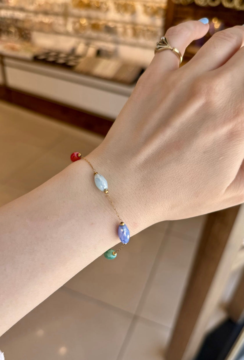 Çok Renkli Damla Kristal Boncuklıu Çelik Zincir Bileklik 17 + 3 cm