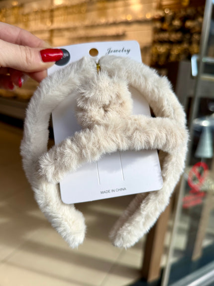 Peluş Taç Toka Seti Krem Renk