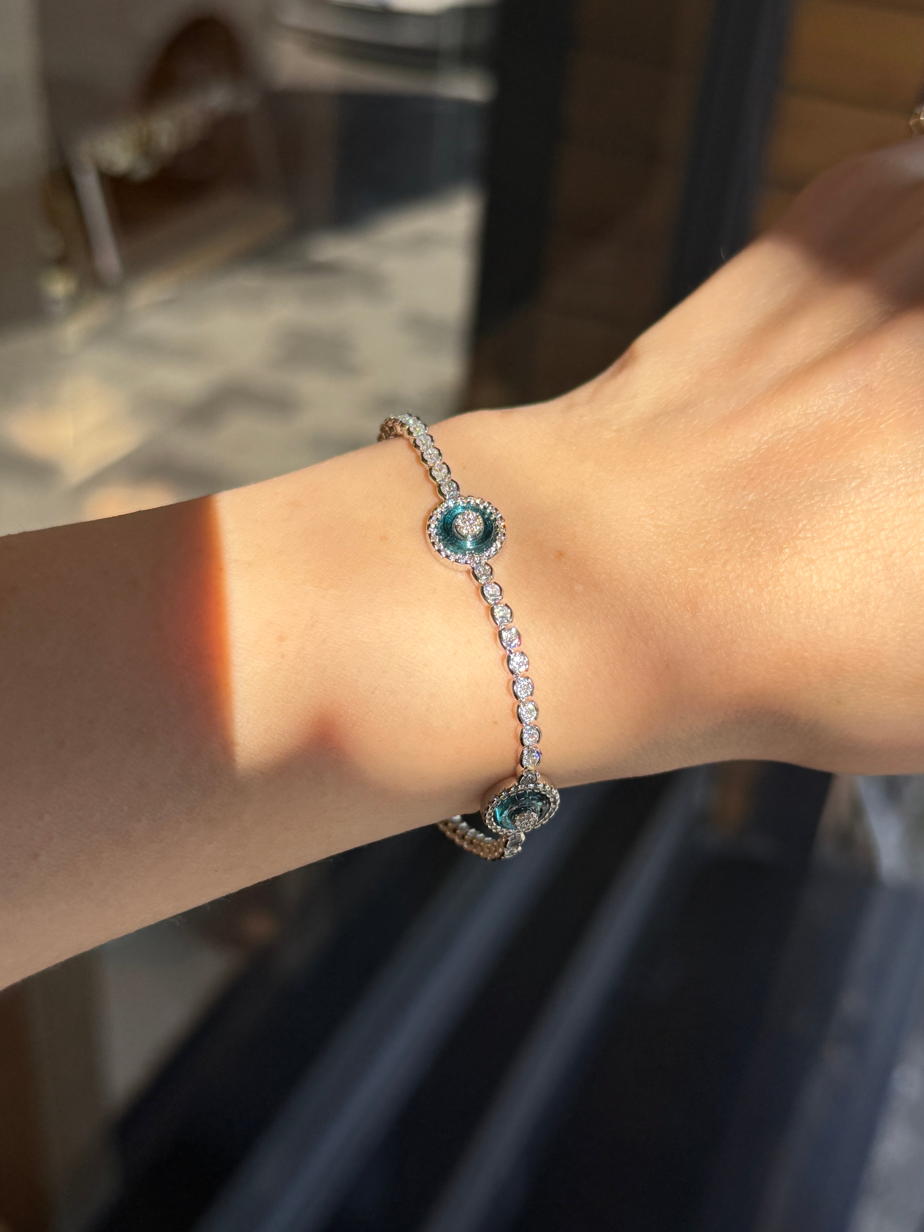 3 Sıra Turkuaz Yuvarlak Detaylı Su Yolu Bileklik 16 + 2 cm Gümüş Renk