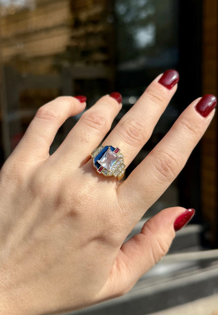 Çift Renk Mineli Baget Taşlı Ayarlanabilir Yüzük 14K