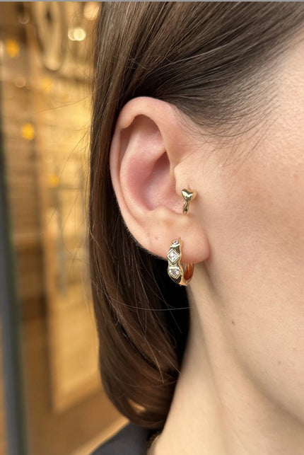 VIP Geometrik 3 Taşlı Halka Küpe 14K