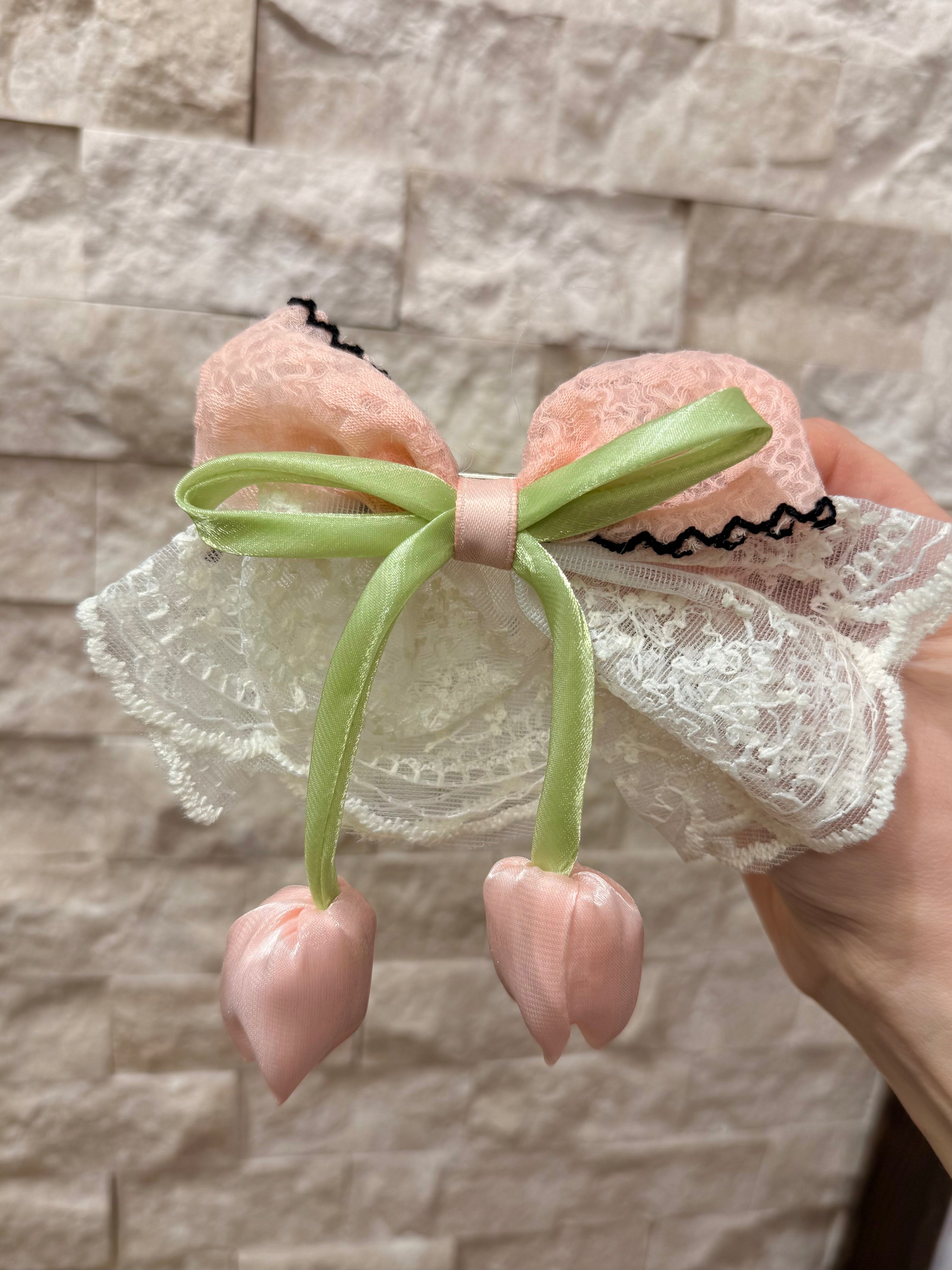 Laleli Dantel Fiyonk Pens Toka Pembe